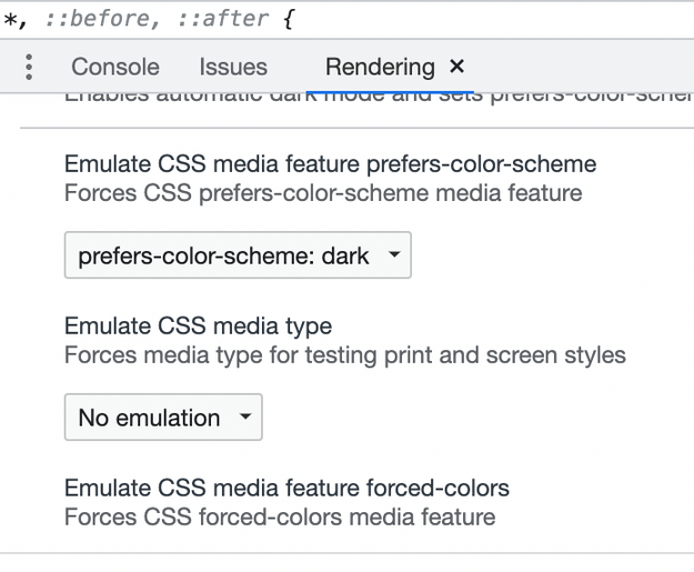 Chrome's rendering tools showing a dropdown to emulate prefers-color-scheme